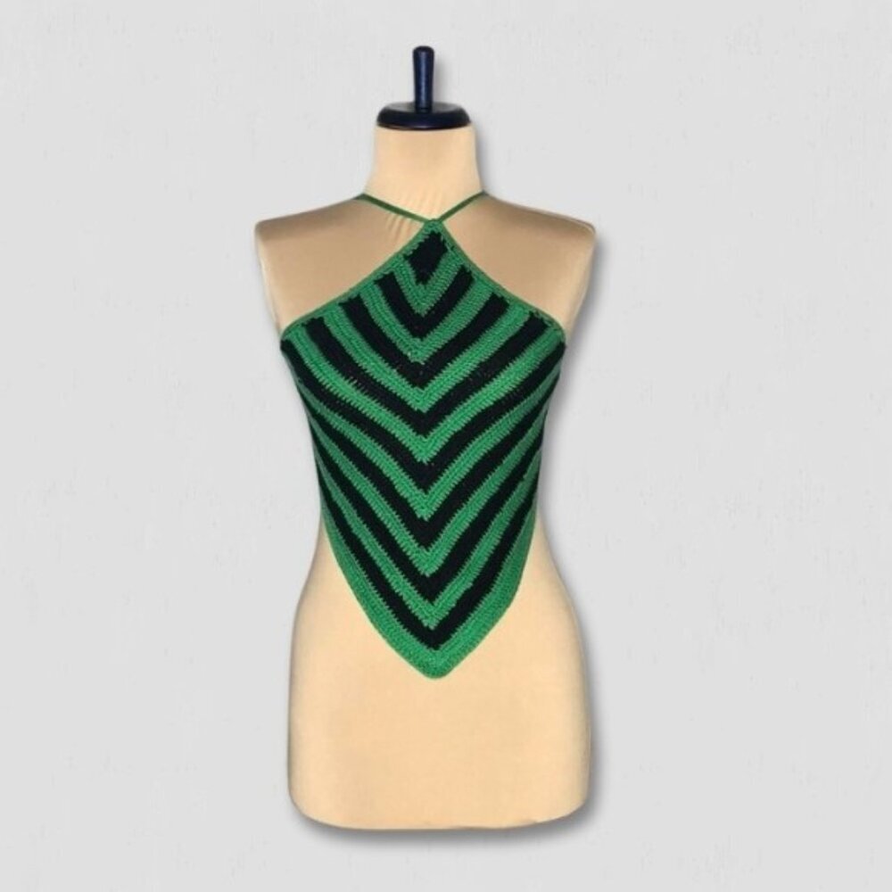 Forever 21 Chevron Knit Halter Top Crochet Striped Green Black M - Picture 3 of 10